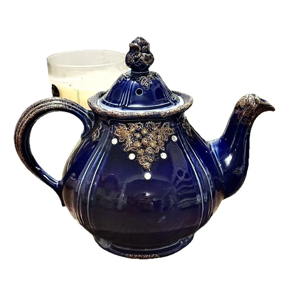 Rare Hall China Cobalt Blue Rhinestone Gold Teapot 6 Cup USA Vintage 01043